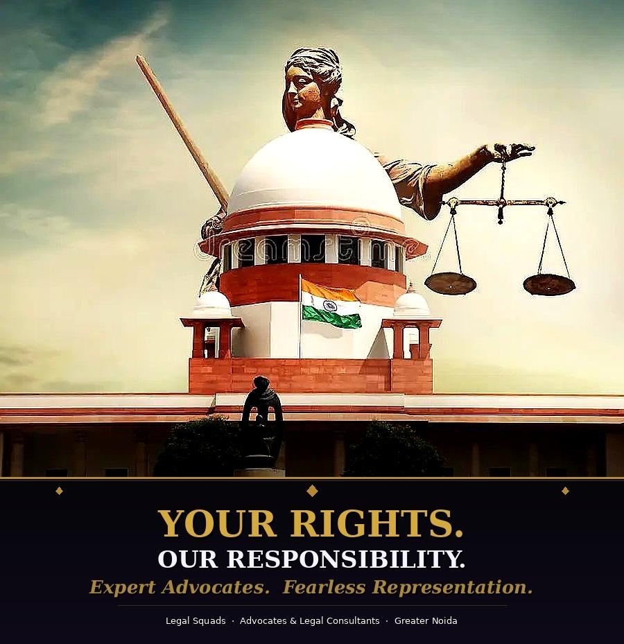 Statue of Lady Justice above the Supreme Court of India with the words Your Rights. Our Responsibility.